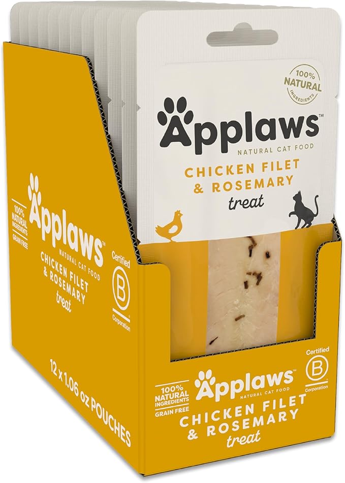 Applaws Natural Cat Treats, Grain-Free, High-Protein Whole Chicken & Rosemary Loins, Single-Ingredient Healthy Snack for Cats (12 x 1.06 oz Loins)-Mewly Pet