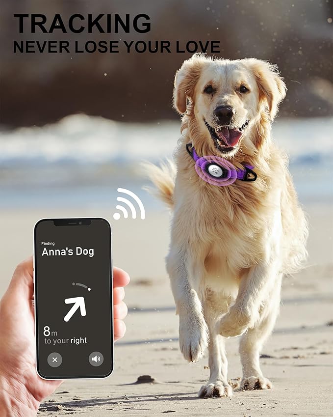 TagME Airtag Dog Collar,Waterproof Reflective Pet Collar with Airtag Holder,Soft Padded and Double D-Rings for Extra Large Dogs,Purple-Mewly Pet