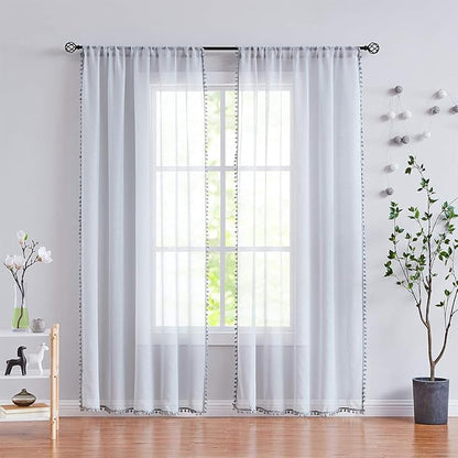 Treatmentex Grey Sheer Window Curtains for Living Room 95 inches Pom-Pom Canopy for Children Bedroom Rod Pocket 2Pack