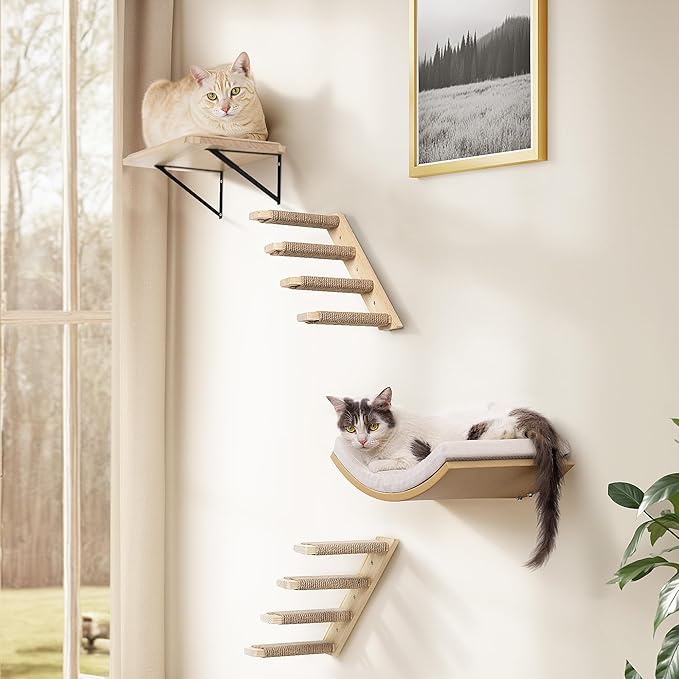 Cat Wall Shelves with Cats Window Perch – 4-Piece Wooden Cat Climbing Furniture Set with Soft Foam Curved Bed, Flat Shelf & 2 Wall 4-Steps Ladders-Mewly Pet