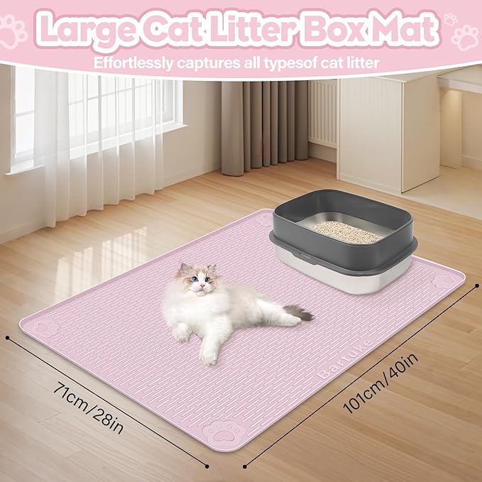 Cat Litter Mat, Extra Large 40" x 28" Silicone Mat Litter Trapping Mat for Scatter Control, Soft on Kitty Paws, Easy to Clean (Pink)-Mewly Pet
