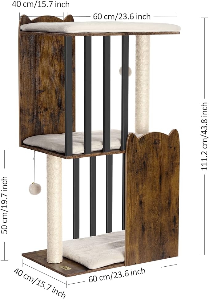 FourFurPets 43.8in 3-Tier Modern Cat Tree Tower Condo, Cat Scratch Posts for Indoor Cats, Big Plate, Two 19.7in Full Sisal Scratching Posts, Rustic Brown-Mewly Pet