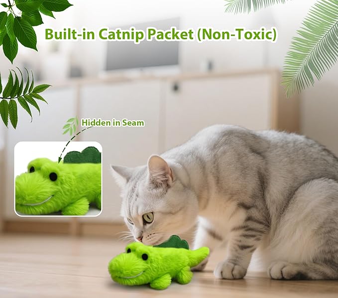 Interactive Cat Toys for Indoor Cats - Automatic Moving Cat Chase Toy for Bored Indoor Adult Cats - 360° Random Movement, Tail Wagging & Catnip Stimulation - Electric Croc(Long Plush)-Mewly Pet