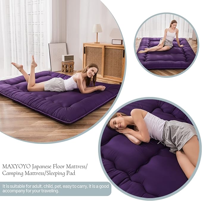 MAXYOYO Japanese Floor Futon Mattress, Roll Up Floor Mattress for Adults Foldable Tatami Mat Sleeping Pad Dormitory Bed Lounger, Purple, Queen Size