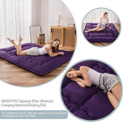 MAXYOYO Japanese Floor Futon Mattress, Roll Up Floor Mattress for Adults Foldable Tatami Mat Sleeping Pad Dormitory Bed Lounger, Purple, Queen Size