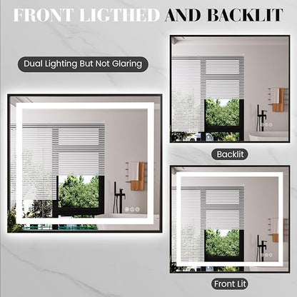 LED Bathroom Mirror,40"x36" Mirror with Black Frame, Front Light and Backlit, Stepless Dimmable, Anti-Fog, Shatter-Proof, Memory, 3 Colors, Double LED Vanity Mirror