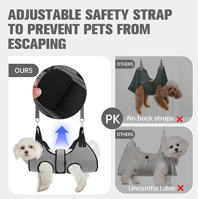 PAWCHIE Dog Grooming Hammock Harness for Dogs & Cats with Pet Nail Clipper Trimmer- Breathable Cat Hanger Sling for Trimming Clipping Nails-Dog Hammock Restraint Bag for Small Medium Large Dog, Grey S-Mewly Pet