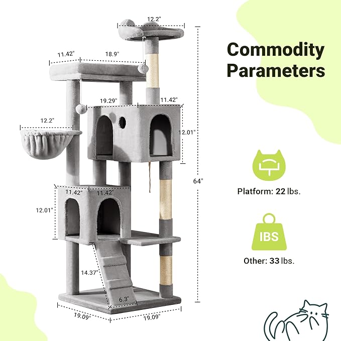 Allewie 64 Inches Cat Tree Tower/Multi-Level Activity Center for Indoor Big Felines/2 Plush Condos/2 Perchs/Basket/House/Sisal Scratching Posts/Hanging Cat Toys/Grey-Mewly Pet