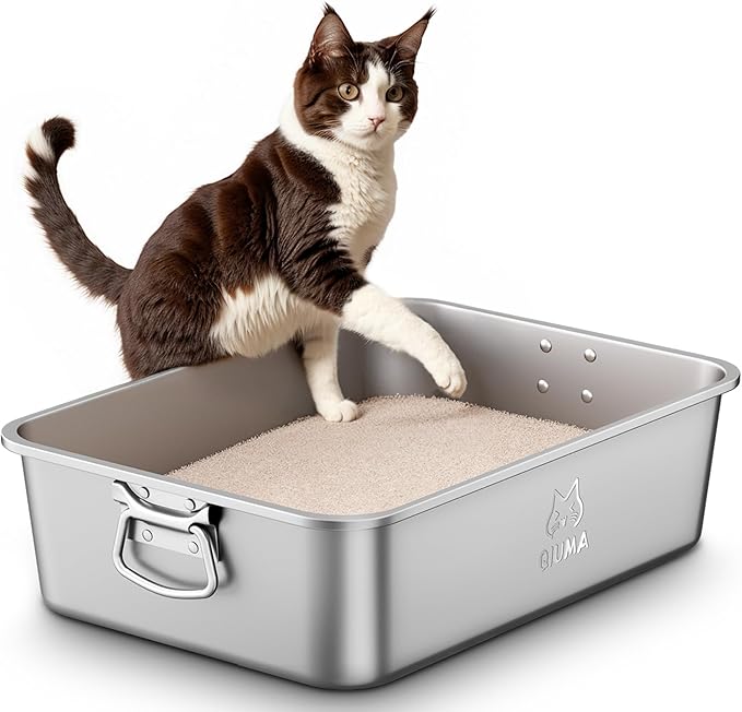 Stainless Steel Litter Box with Handle, Large Metal Cat Litter Box with High Sided for Big and Small Cats, Kitty Litter Boxes, Non-Stick, Easy to Clean, Odor-Free, Cat Toilet，Litterbox-Mewly Pet
