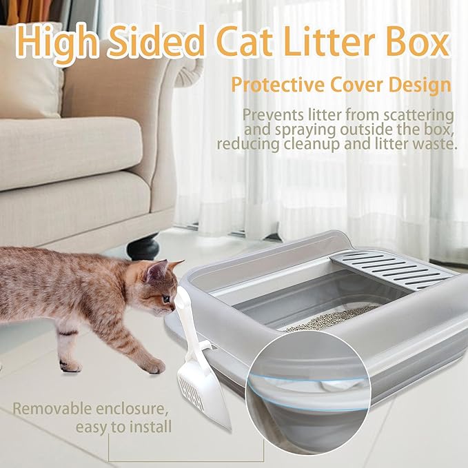 Collapsible Kitten Litter Box, Open High Sided Cat Potty Pan with Scoop Shallow Cat Toilet Anti-Splashing Low Entrance Travel Litter Box with Falling Sand Pedal for Kitty to Senior Cats-Mewly Pet