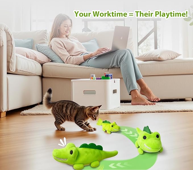 Interactive Cat Toys for Indoor Cats - Automatic Moving Cat Chase Toy for Bored Indoor Adult Cats - 360° Random Movement, Tail Wagging & Catnip Stimulation - Electric Croc(Short Plush)-Mewly Pet