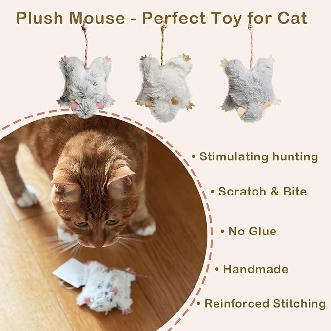 Catnip Cat Mice Toy,3 Pcs Plush Cats Nip Mouse Toys for Teeth Cleaning Chew Kitten Kicker Toy with Crinkle & Bell Cat Interactive Catnip Toys for Indoor Kittens Play Fetch-Mewly Pet