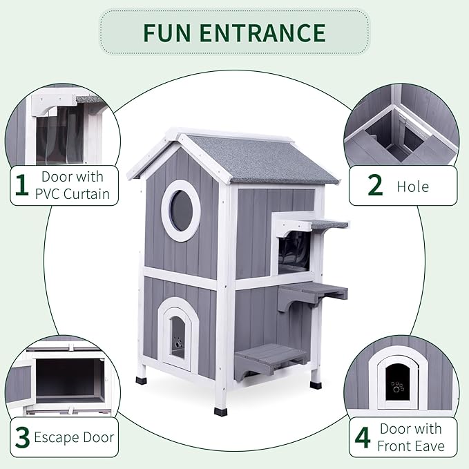 GEGURI Outdoor Cat House Weatherproof, Wooden Two-Story Feral Cat Shelter with Openable Roof, Escape Door, Balcony-Mewly Pet