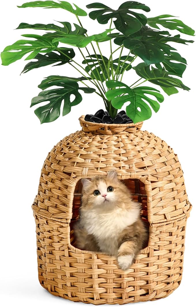 Cat Litter Box Plant Furniture Enclosure, Hidden Handwoven Rattan with Cat Litter Box and Artificial Plants, Odor Control Filter, Real Stones in Living Room, Bedroom, Corner Natural-Mewly Pet