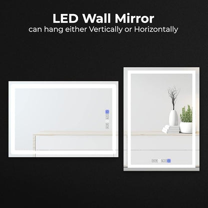 Fab Glass and Mirror LED Mirror 28x36 Inches, Led Bathroom Mirror with Lights Front and Backlit Anti-Fog Memory Brightness, Three Color Options Frameless Wall Mounted Bathroom Vanity Mirror