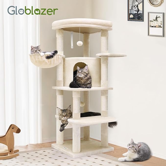Globlazer Corner Cat Tree, 51in Curved Series Modern Cat Tower for Indoor Cats with Hammock, 7 Sisal Scratching Posts, Large Fan-Shaped Platform for Large Cats, Cat Condo & Hanging Basket, C51, Beige-Mewly Pet