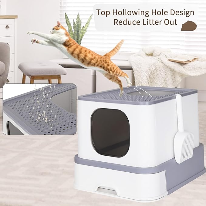 RIZZARI Large Enclosed Cat Litter Box : Covered Leak-Proof Reduces Odor - for Indoor Use Cat Owners (Light Gray)-Mewly Pet