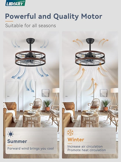 LEDIARY 20 inch Fandelier Caged Ceiling Fan with Light, Bladeless Ceiling Fan with Remote, Farmhouse Fan Lights Ceiling Fixtures for Kitchen, Bedroom, Outdoor(6 Speed, Timing) - Walnut