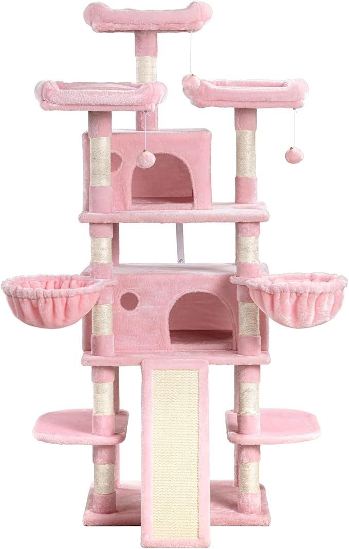 SHA CERLIN 68 Inches Multi-Level Large Cat Tree for Large Kitties/Big Cat Tower with Condo/Cozy Plush ‌Pussycat Perches/Sisal Scratching Posts and Hammocks/Activity Center/Pink-Mewly Pet