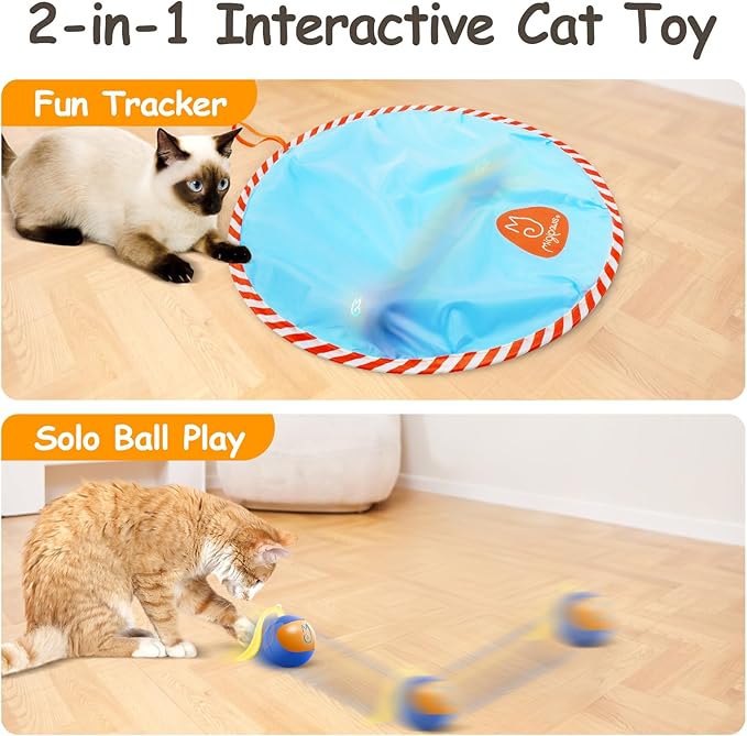 Migipaws Interactive Cat Ball Toy Set, Fun Tracker, Glowing Chase Ball with MystiChaser Pouch, Fluffy Tail, A Small Mice(Blue)-Mewly Pet