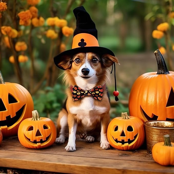 Hillban 50 Pieces Halloween Collar Dog Bow Ties Accessories for Dogs Bow Ties Attachment with Elastic Bands Dog Collar Detachable Charms for Halloween Dogs Collar Accessories-Mewly Pet