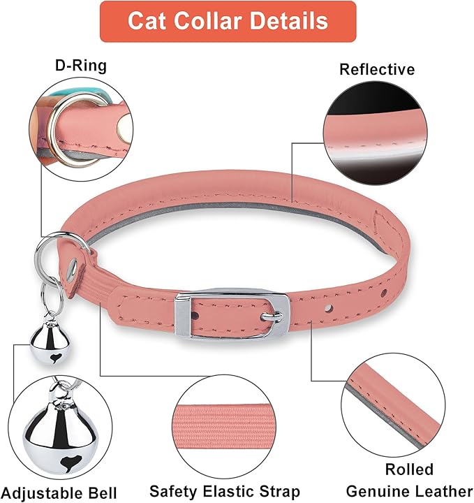 OOPSDOGGY Rolled Leather Cat Collar with Bell, Reflective Kitten Collars with Buckle Include Safety Elastic Strap - Adjustable Small Pet Collars for Boy Girl Cats (Peach)-Mewly Pet