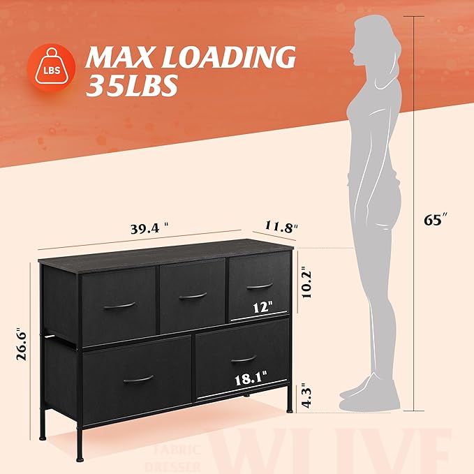 WLIVE Dresser for Bedroom with 5 Drawers, Long Fabric Dresser, Chest of Drawers, Storage Drawer Unit with Fabric Bins for Closet, Living Room, Hallway, Charcoal Black, Size L