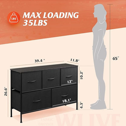 WLIVE Dresser for Bedroom with 5 Drawers, Long Fabric Dresser, Chest of Drawers, Storage Drawer Unit with Fabric Bins for Closet, Living Room, Hallway, Charcoal Black, Size L