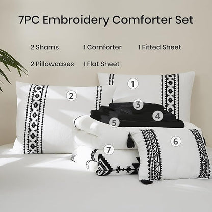 MaiRêve Embroidery Boho Comforter Sets Full Size - 7 Piece, Farmhouse Western White Black Comforter Set, All Season Bed in A Bag Full Size with Sheets, Pillowcases & Shams