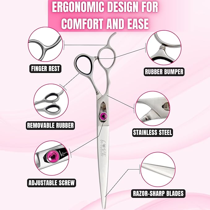 Kenchii Love Left Handed Dog Grooming Scissors, 8 Inch Straight Shears, Dog Scissors for Grooming, Professional Pet Grooming Scissors, Ergonomic & Comfortable-Mewly Pet