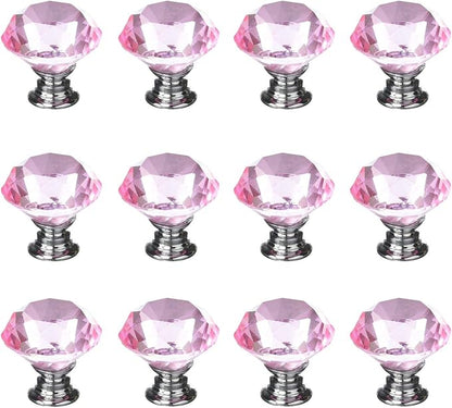 12pcs Diamond Shape Crystal Glass 30mm Cabinet Drawer Knob Pink