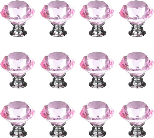 12pcs Diamond Shape Crystal Glass 30mm Cabinet Drawer Knob Pink