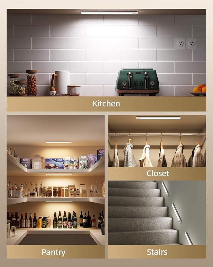 Under Cabinet Lighting Wireless,Rechargeable Battery Motion Sensor Light Indoor,LED Closet Lights USB Charging,3 Color Dimmable Under Cabinet Lights for Kitchen, Cabinet, Wardrobe (3 Pcs) 16inch
