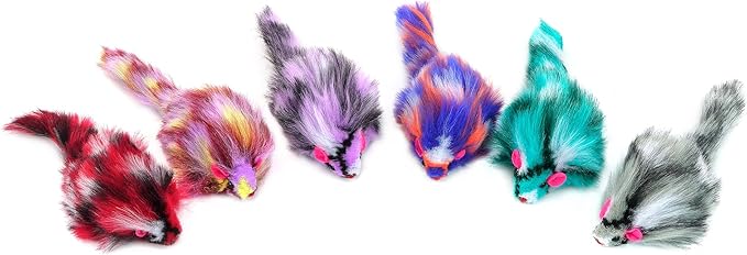 CHIWAVA 6PCS 3.1" Long Haired Furry Mice with Rattle Gradient Color Small Cat Toy Mouse Kitten Interactive Toy-Mewly Pet