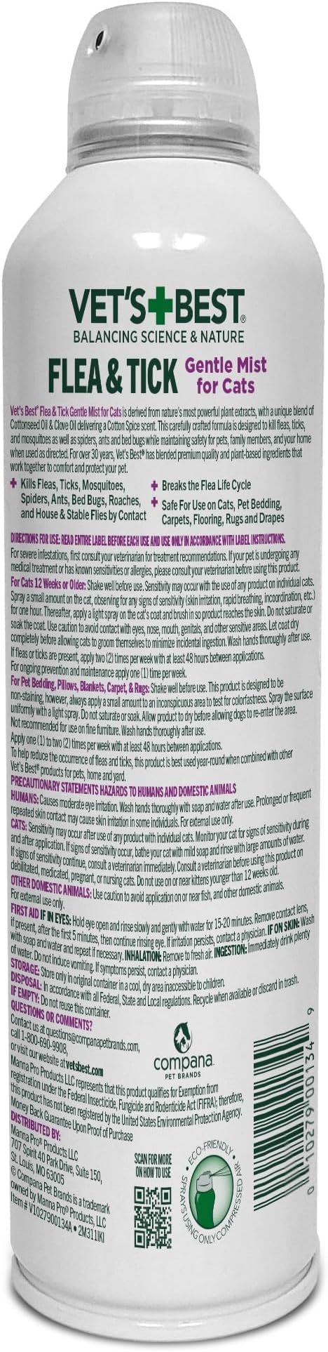 Vet's Best Natural Flea & Tick Mist for Cats – Plant-Powered Spray with Cotton Spice Scent – Natural Flea Prevention and Pest Control – Gentle Formula for Indoor Use – Safe for Pets – 6.3 oz-Mewly Pet