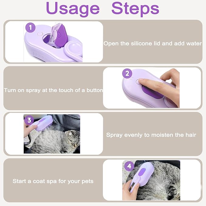 Cat Steam Brush for Shedding, 2025 New 4 in 1 Rechargeable Steam Pet Brushes for Cats & Dogs, Indoor Anti-static Pets Brush for Massage, Cleaning, Shedding & Combing Hair (Purple)-Mewly Pet