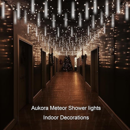 Aukora Christmas String Lights Outdoor, LED Meteor Shower Light 11.8 inch 8 Tubes 192leds, Icicle Snow Falling Lights for Xmas Tree Wedding Party Holiday Garden Thanksgiving Decoration (White)