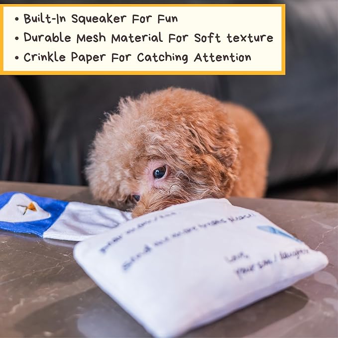 Hong Kong Airmail Soft Plush Nose-Work Squeaky Dog Toy - Durable & Cute 2-in-1 Envelope & Letter for Interactive Play, Extendable Cloth to Hide Food for Puzzle Fun, Small Medium Dogs-Mewly Pet