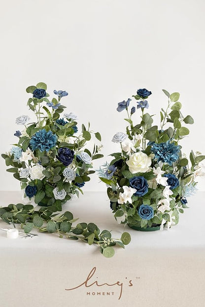 Ling's Moment 41" Tall Free Standing Artificial Flowers Arrangements 2 pcs Wedding Arch Altar Stage Decorations Dusty Blue Navy for Ceremony Reception Silk Rose Fake Floral Party Outdoor Beach Decor