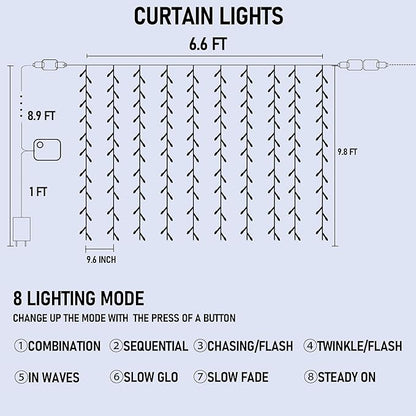 FUNPENY Window Curtain String Lights, 300 LED 8 Lighting Modes Fairy Lights USB Powered, Waterproof Lights for Christmas Bedroom Party Wedding Home Garden Wall Decorations (White)