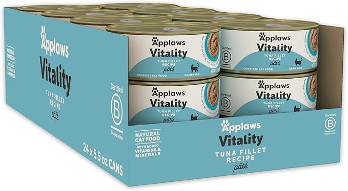 Applaws Vitality Wet Cat Food Paté, Natural Canned Cat Food, Wet Food for Cats with Added Vitamins and Minerals, Grain Free, Carrageenan Free, Tuna Fillet (24 Count, 5.5oz Cans)-Mewly Pet