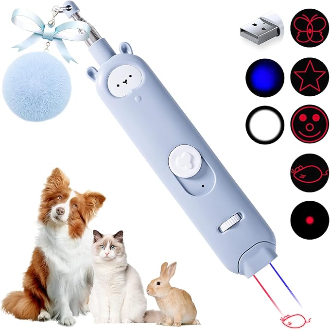 Cat Laser Toys, 2 in 1 Laser Pointer Cat Toys,Internative Cat Toys for Indoor Cats,3+5 Light Modes Cat Wand Toy, Retractable Cat Feather Toys, Long Range Kitten Toys,USB Rechargeable (Blue)-Mewly Pet