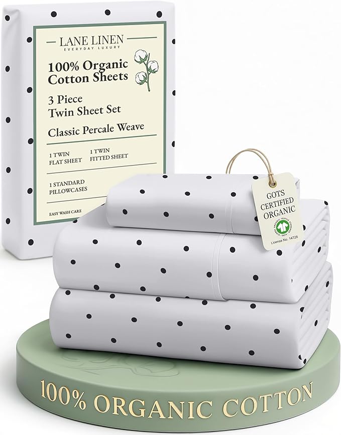 LANE LINEN 100% Organic Cotton Twin Sheets Set - 3 PC Bedding Sheets & Pillowcases - Breathable & Cooling Bed Sheets - Deep Pocket up to 15", Sheets for Twin Size Bed: Polka Dot (Black)