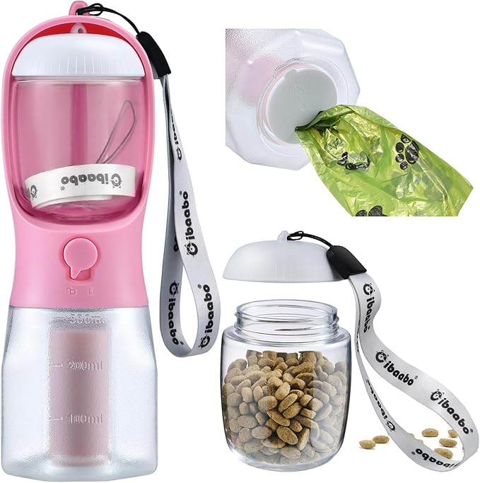 Dog Water Bottle with Food Container & Poop Bag Holder, Travel Water Bowl, Portable Pet Dispenser, Girl Dog Accessories Stuff Items Essentials Gift for Yorkie Chihuahua Walking Hiking-Mewly Pet