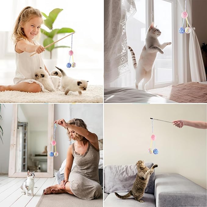 TUSATIY 9PCS Cat Ball Toy, Multi-Colored Cats Fuzzy Balls & Woolen Yarn Kitten Toys Balls with Bell Inside,Soft Interactive Cat Toys for Indoor Cats Self Play-Mewly Pet