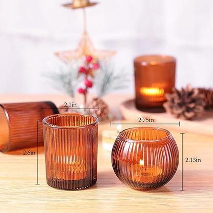30pcs Assorted Ribbed Amber Votive Candle Holders, Amber Tea Lights Candle Holder for Wedding Decorations, Clear Glass Candle Holders for Fall Decor, Vintage Boho Party Home Table Centerpieces Decor