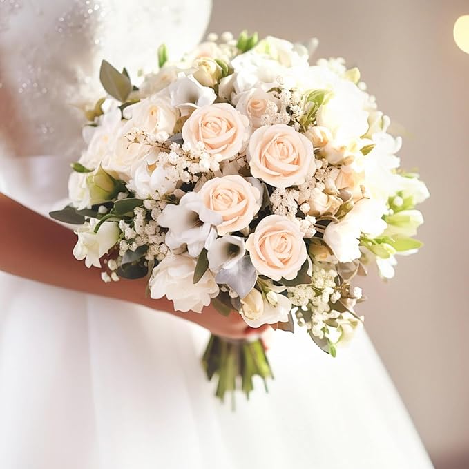 BLEUM CADE 100 Pcs Champagne Roses Artificial Flowers, Real Touch Velvet Roses Fake Flowers Bulk, Artificial Roses Bouquet with Long Stems Bridal DIY Wedding Party Centerpiece Decorations