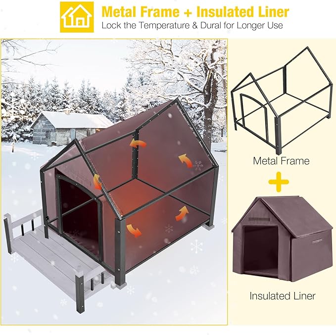 Aivituvin Dog House Outdoor with Metal Frame, Insulated Dog Kennel Outside for Small to Medium Breed, 45" Weatherproof Large Dog Shelter with Anti-Chewing Iron Frame, Grey (45" D x 32.9" W x 32.6" H)-Mewly Pet