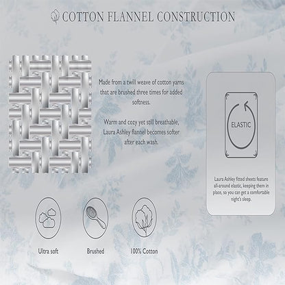 Laura Ashley - Flannel Sheets King Size, Anti-Pilling & Wrinkle Resistant Cotton, Touchably Soft for All-Season Comfort - Bed Sheets with Matching Pillowcases & Fitted Sheet (Mulholland Plaid Blue)