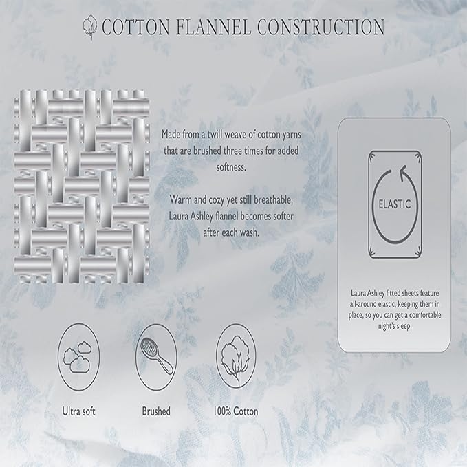 Laura Ashley - Flannel Sheets Full Size, Anti-Pilling & Wrinkle Resistant Cotton, Touchably Soft for All-Season Comfort - Bed Sheets with Matching Pillowcases & Fitted Sheet (Crestwood Pastel Grey)